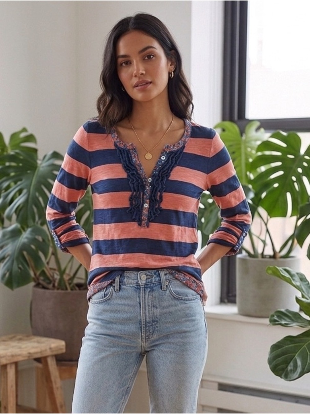 Postmark | Anthropologie | Ruffled Striped Long Sleeve Henley Top | Sz XS